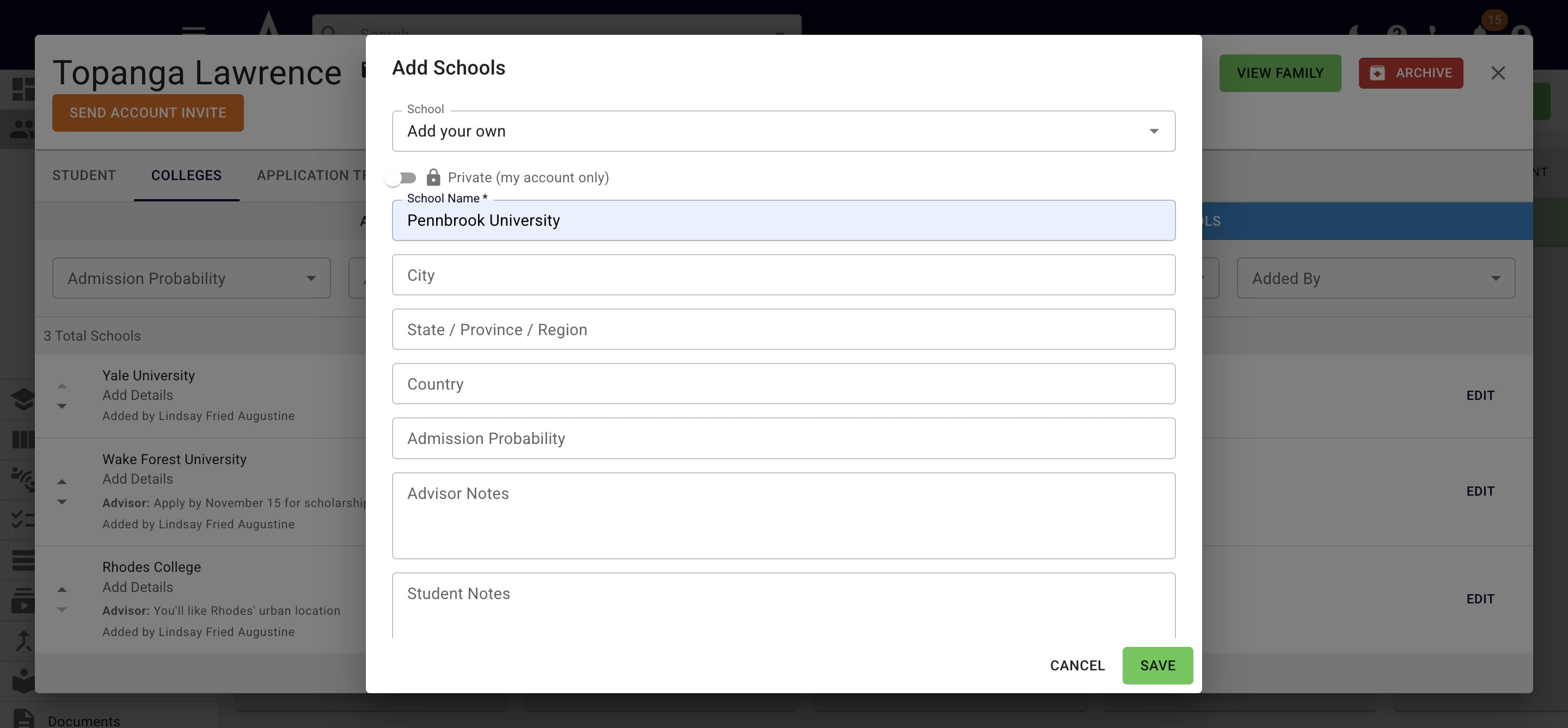 Add any applicable information you want to store for the college. When complete, press **Save.** 