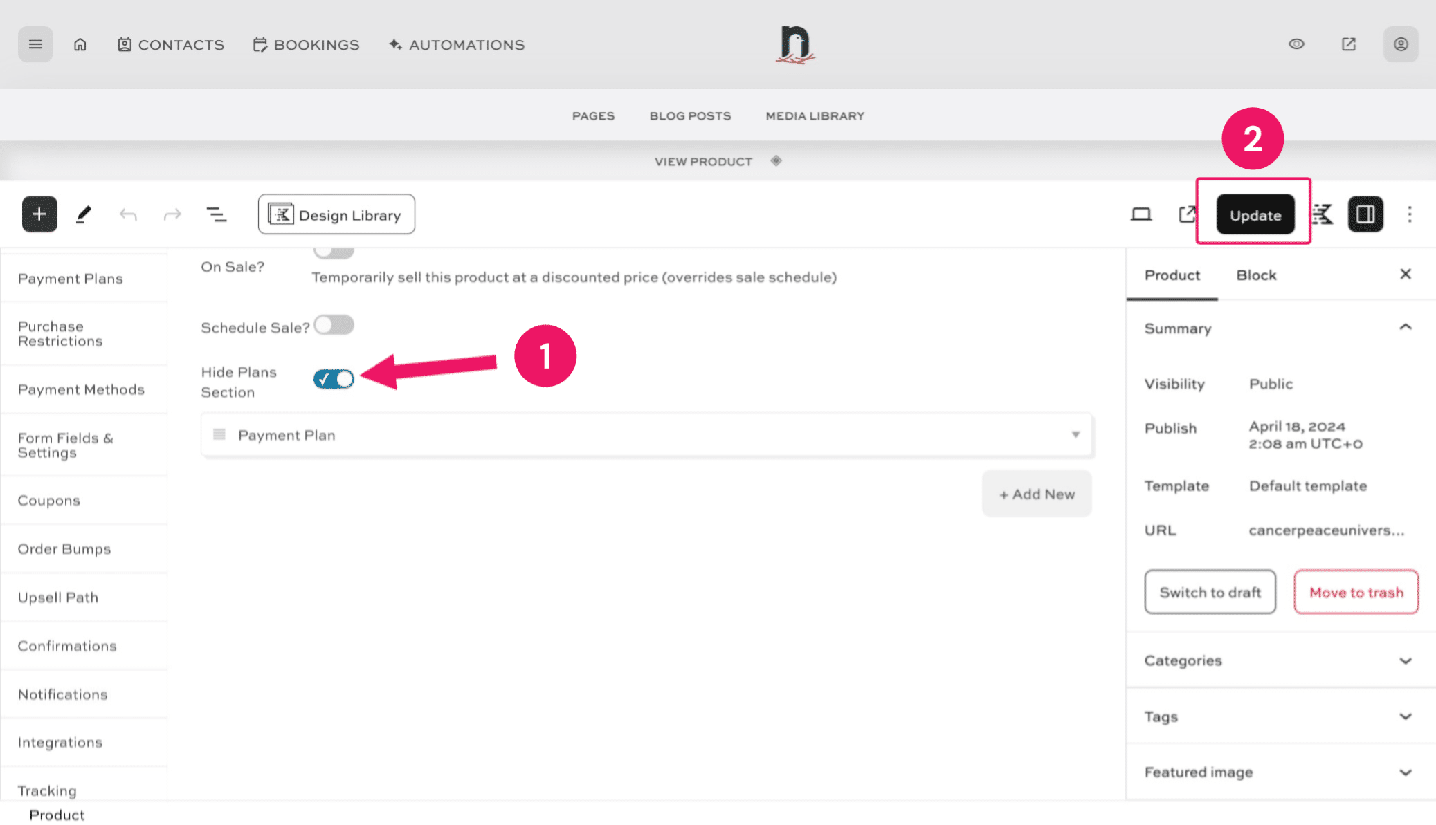 If this is a product with a single price, we don't want it to say 'Payment Plans'. So, toggle the 'Hide Plans Section' button to the ON/CHECKED position.  Then click on "Update" to save the changes.