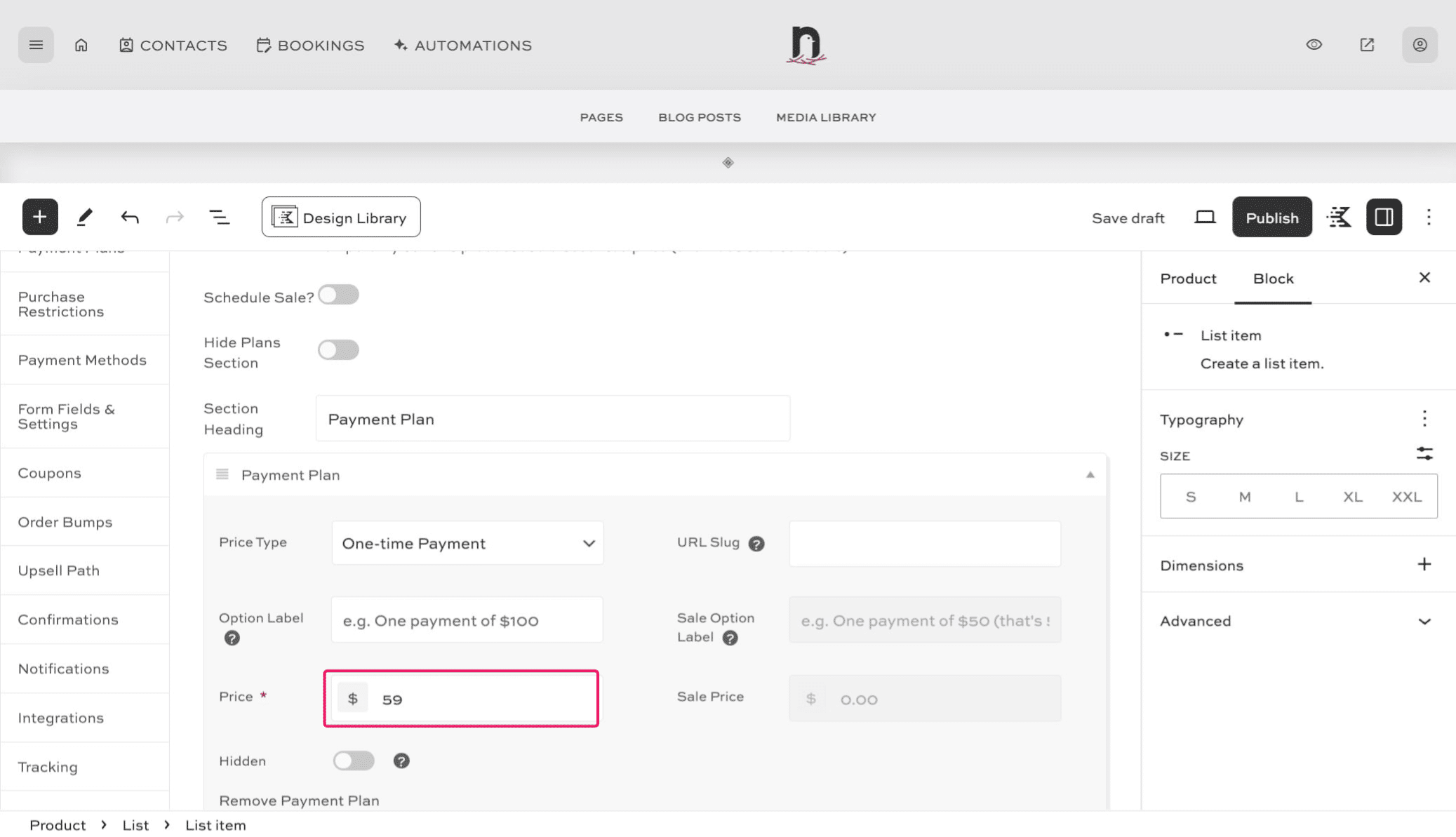Enter the price in the "Price" field.