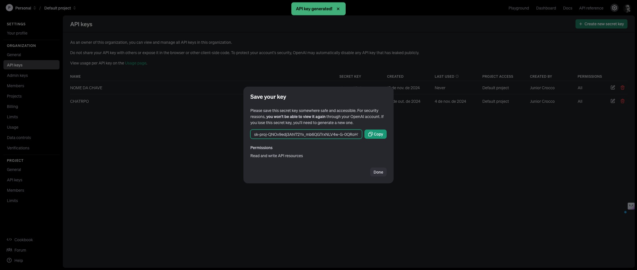 Click on "Copy" copie a chave api para realizar a integração no ChatPRO