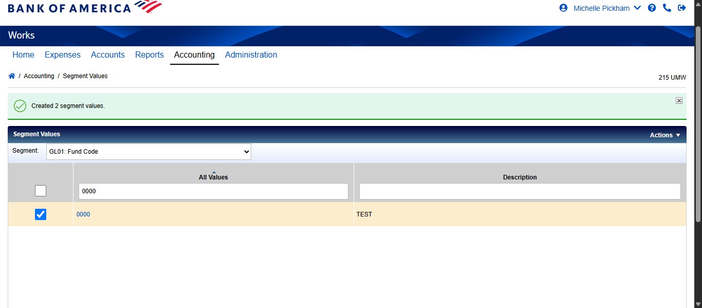 For any FUND Code you create, you will need to add an additional step to create a combination. Combinations are how the system validates the fund and program code pairings. To do this, click on the Actions drop down.