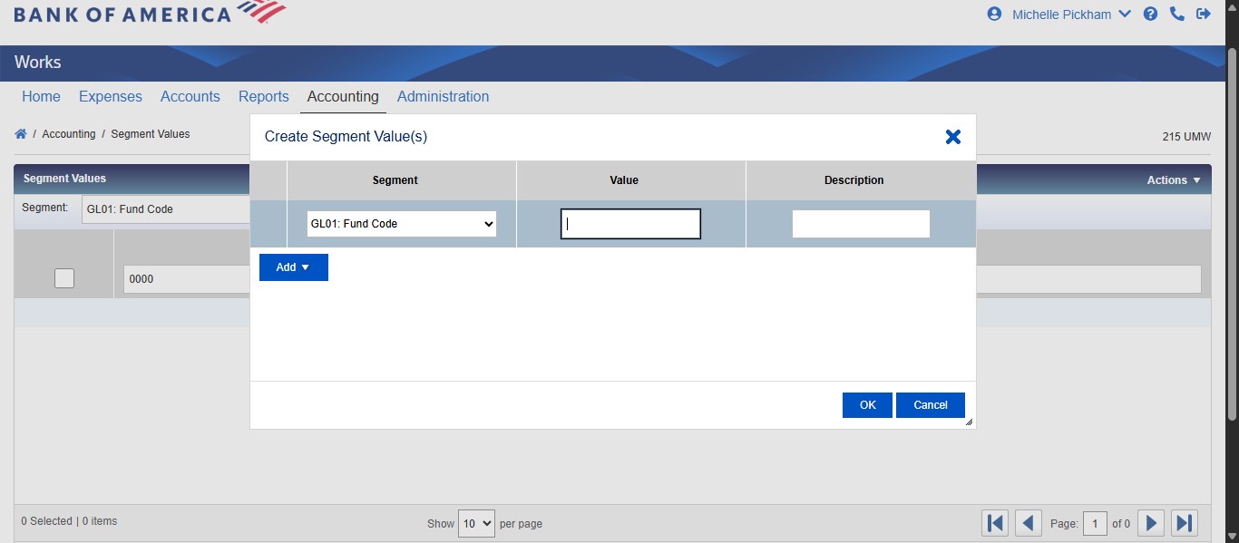 Enter the value of the segment that needs to be added. Typically these values are given in an email from the Director of Accounting or designee. 