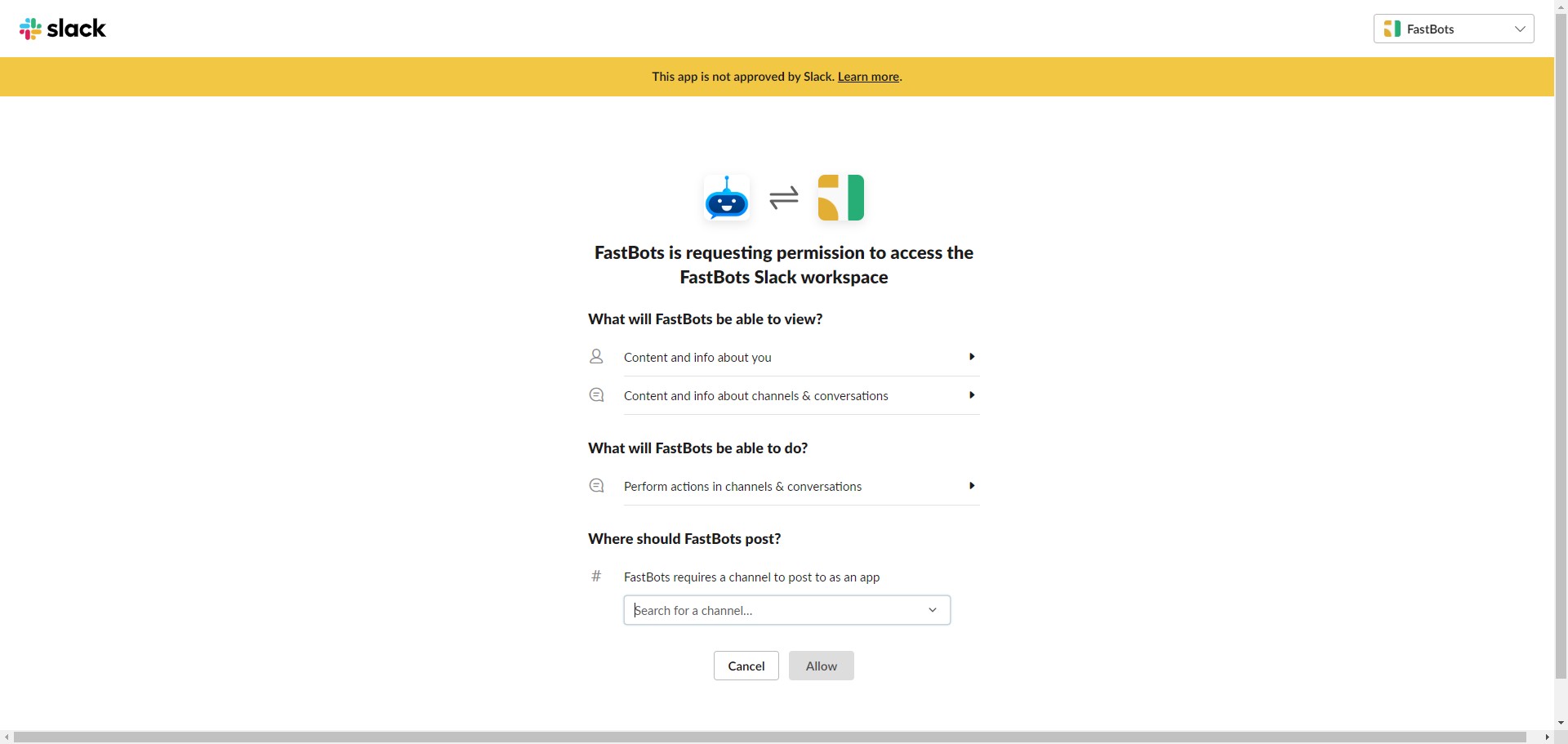 Once the workspace is selected, click on this option to select the channel to which you want to add the Fastbots. 