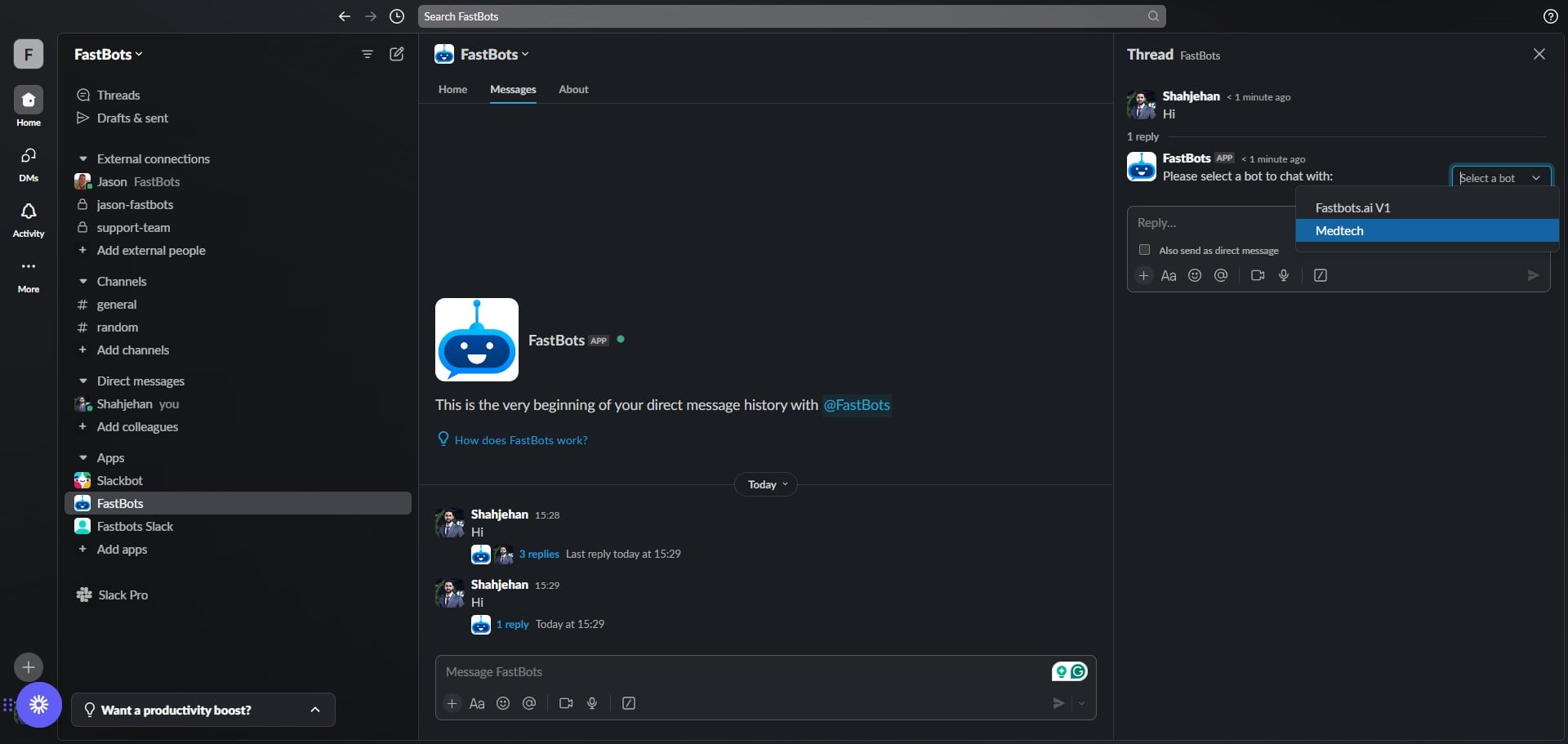 If you want to chat with a different chatbot, start a new conversation and then select the chatbot again from the thread.