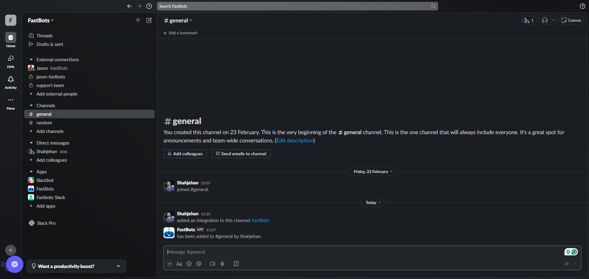 Once you see this message "has been added to #general by {your name}", select a new conversation with chatbot by mentioning it again in the channel.