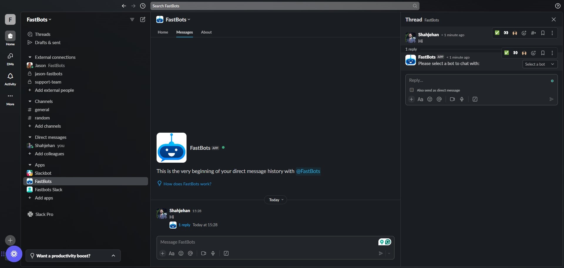 It will ask you to select a chatbot from your account. Click on "Select a bot"