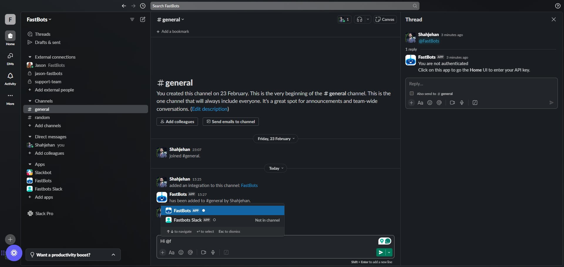 You can also interact with the chatbot in the channel where you originally added it. Just go to that channel and start a conversation by mentioning (@) the chatbot. 