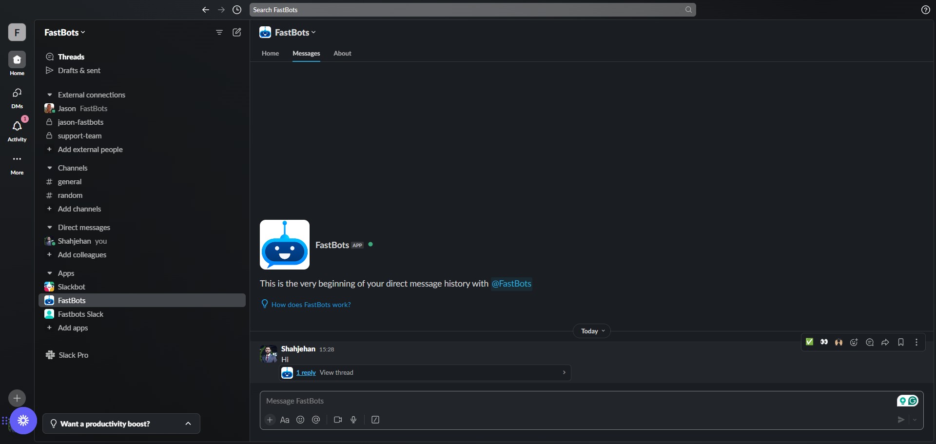 The chatbot will reply in the thread. Open the thread to see the message.