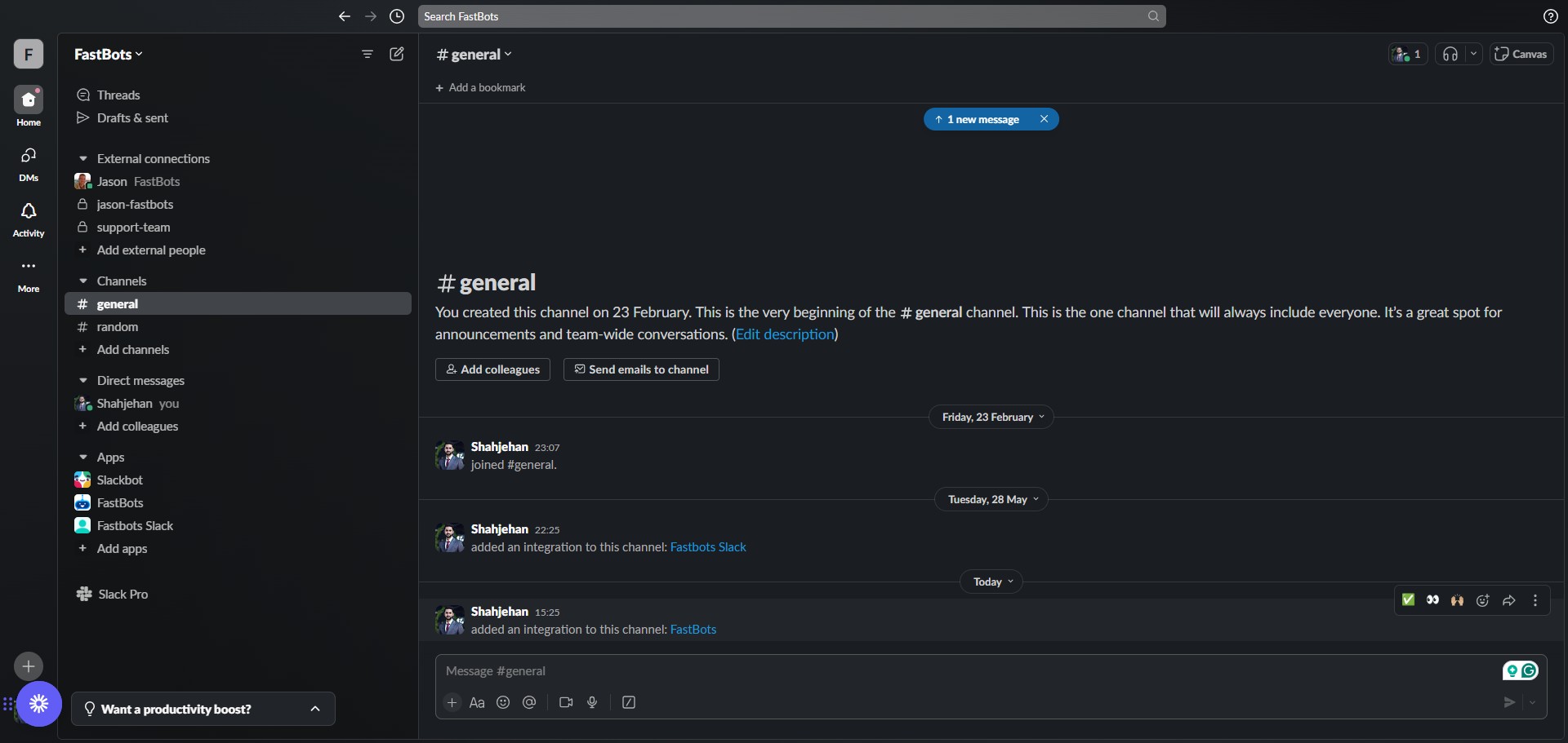Open your Slack Workspace and go to the channel where you added the Fastbots. 
