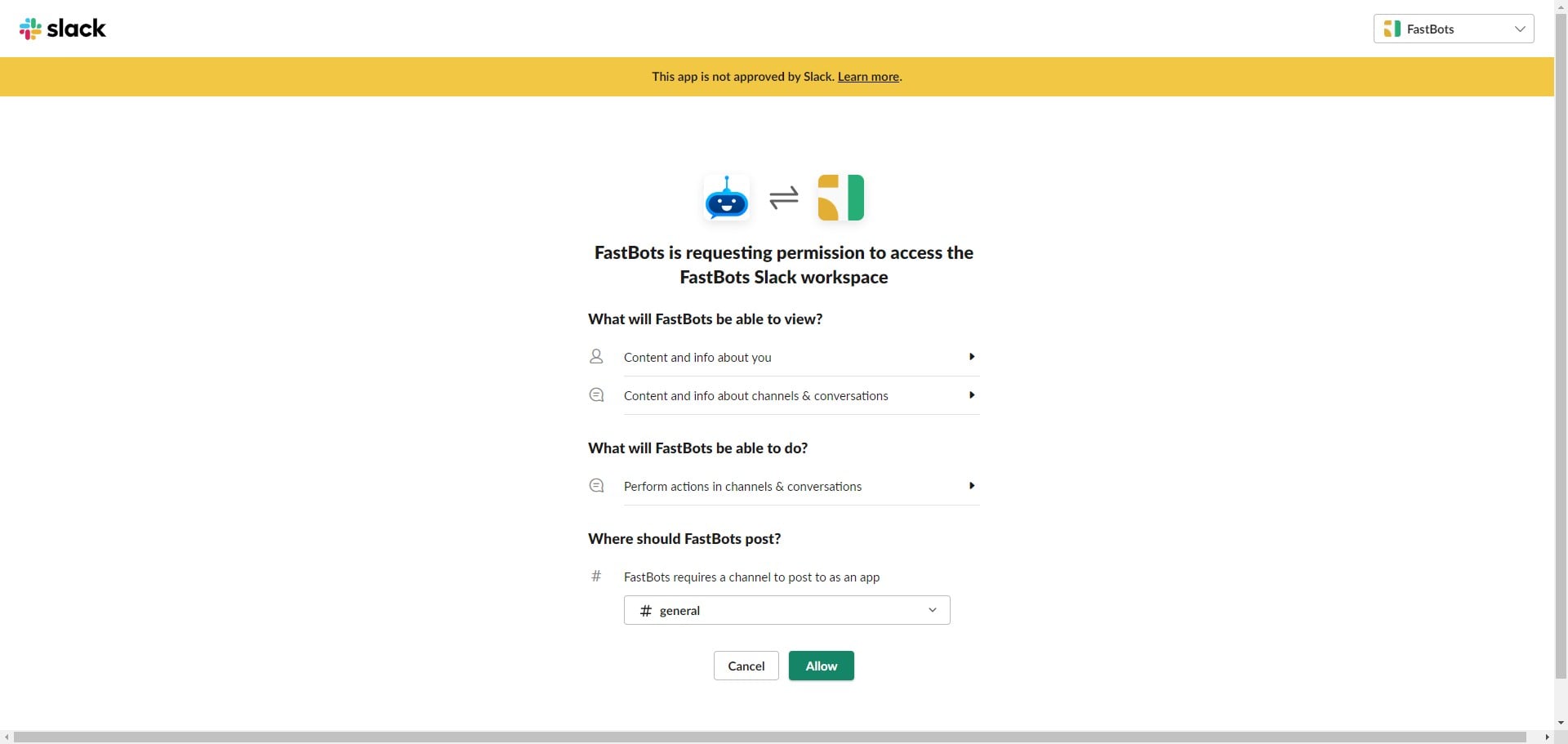 After selecting the channel name, click on the "Allow" button.