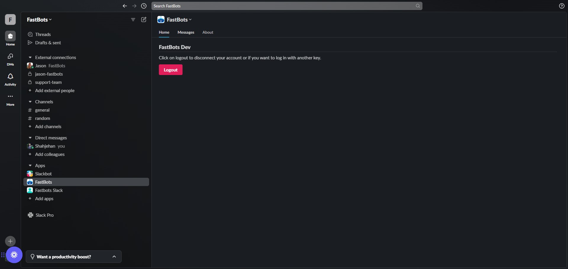 The chatbot is now completely configured with your Slack workspace and is ready to use. You can chat with the bot by either sending a private message or sending the message to the channel where it's added. Let's start the testing with direct message to chatbot. Click on the "Message" button.