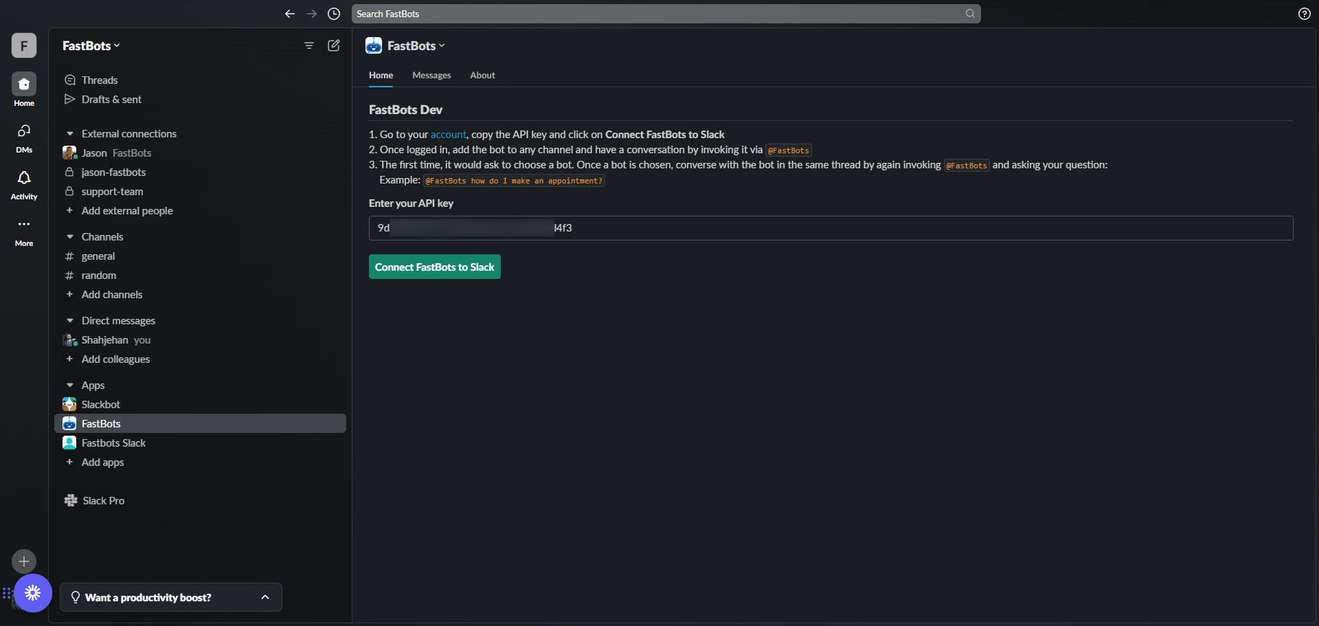 Click on "Connect FastBots to Slack"