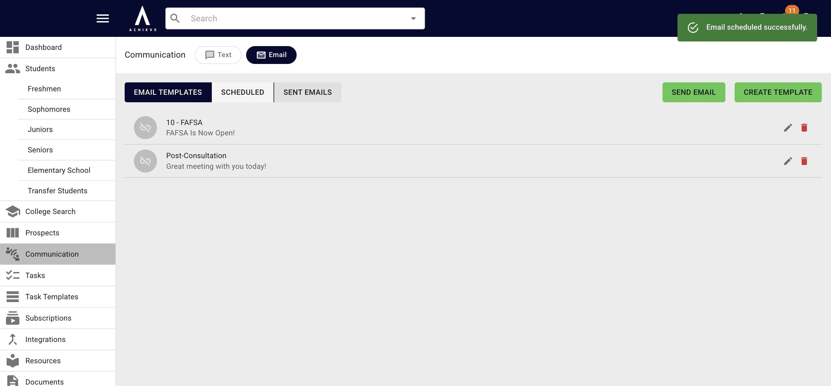 To view scheduled emails, click on the **Scheduled** heading.