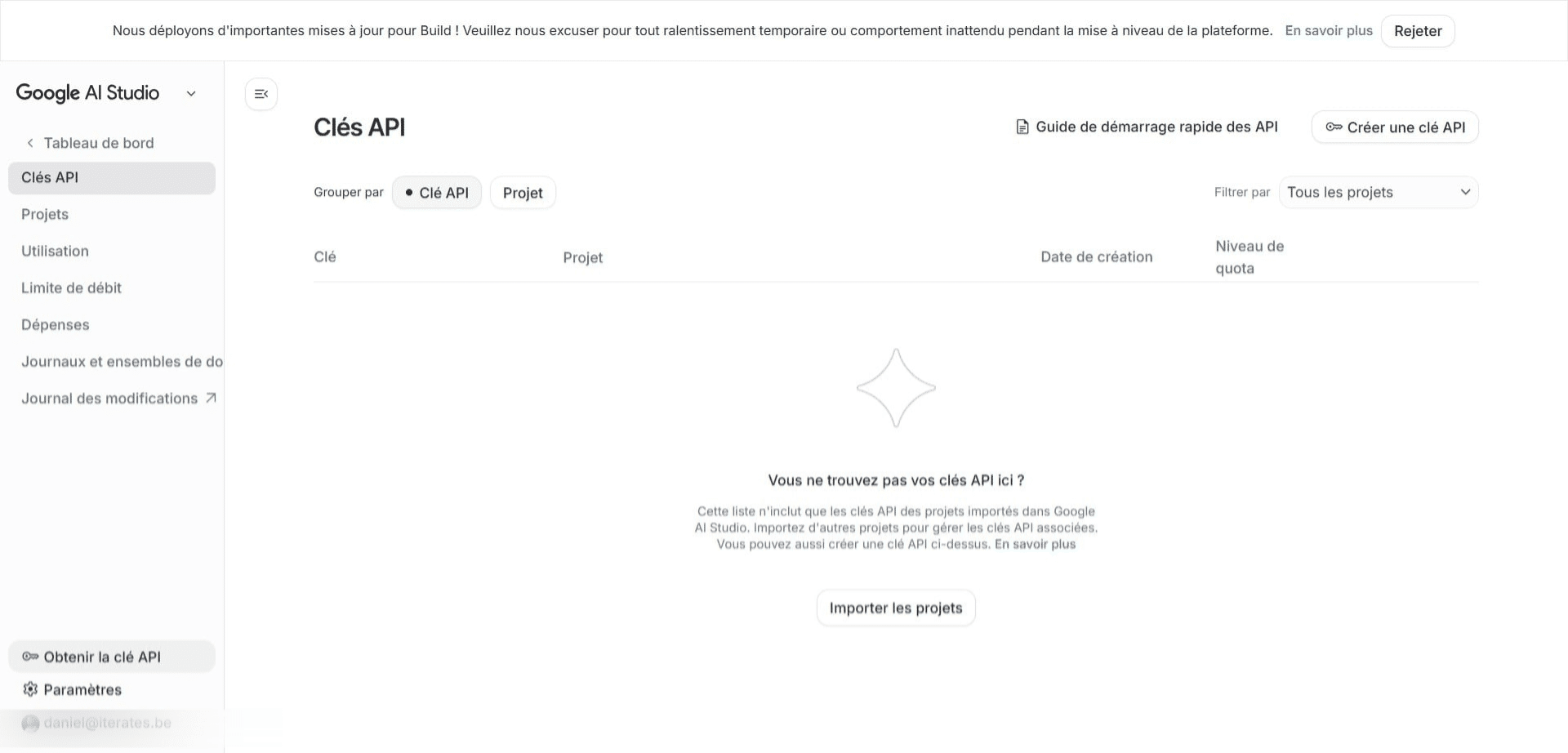 Sur votre tableau de bord cliquez sur "Créer une clé API"