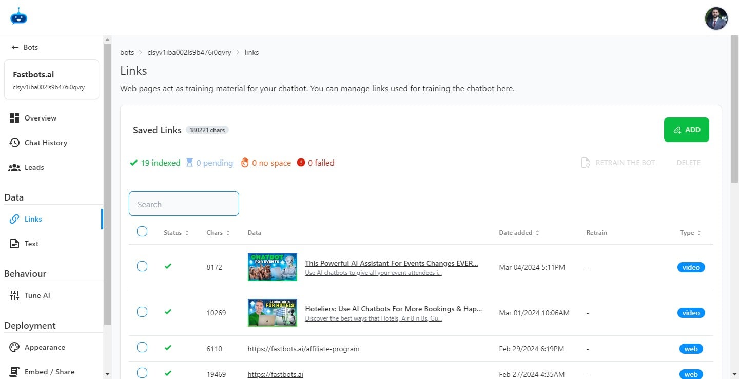 Once you see this tick mark under the status column, it means the YouTube video has been successfully added to the chatbot. 