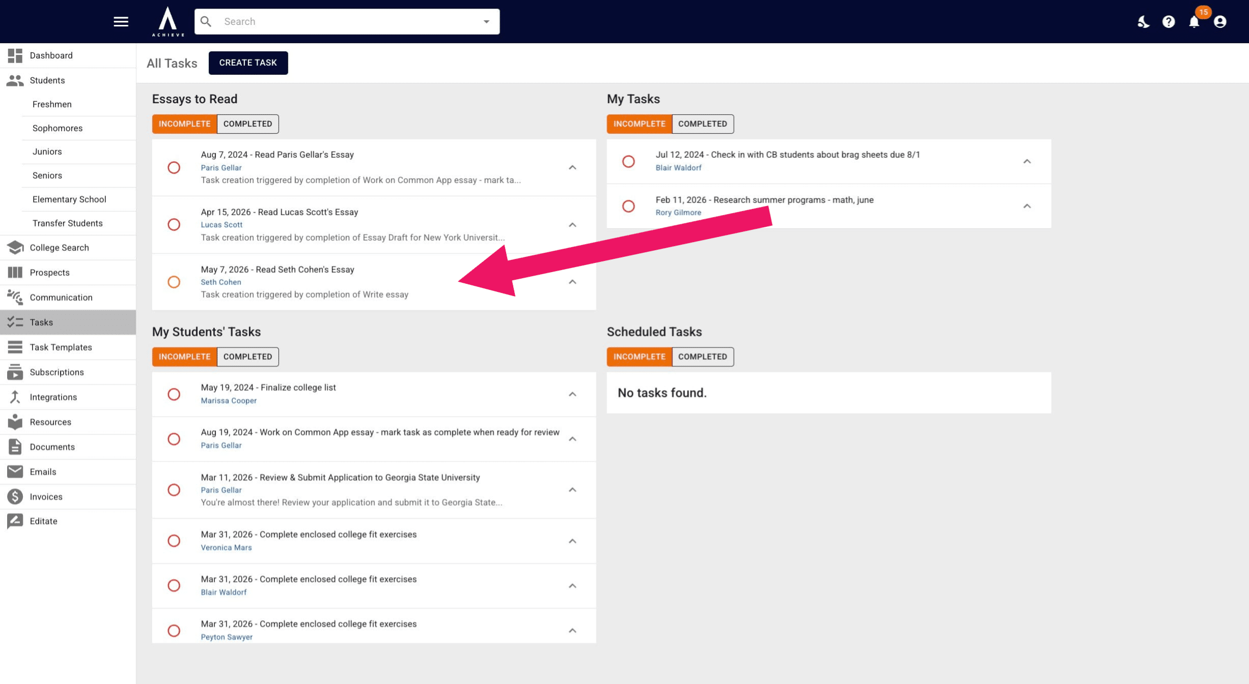 Additionally, the advisor task to read Seth's essay will show up under the **Essays to Read** queue in the **Task** section. 