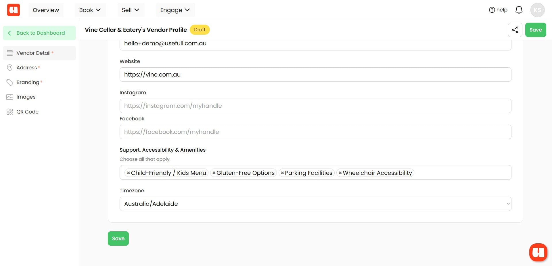 Here on the left menu, you can enter details about your venue or organisation including location, branding logos and colours etc. 