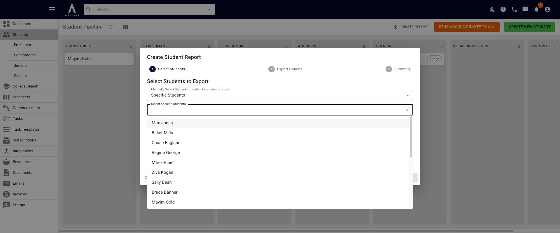You can either choose a student from the drop down or start typing their name(s) and they'll appear. 
