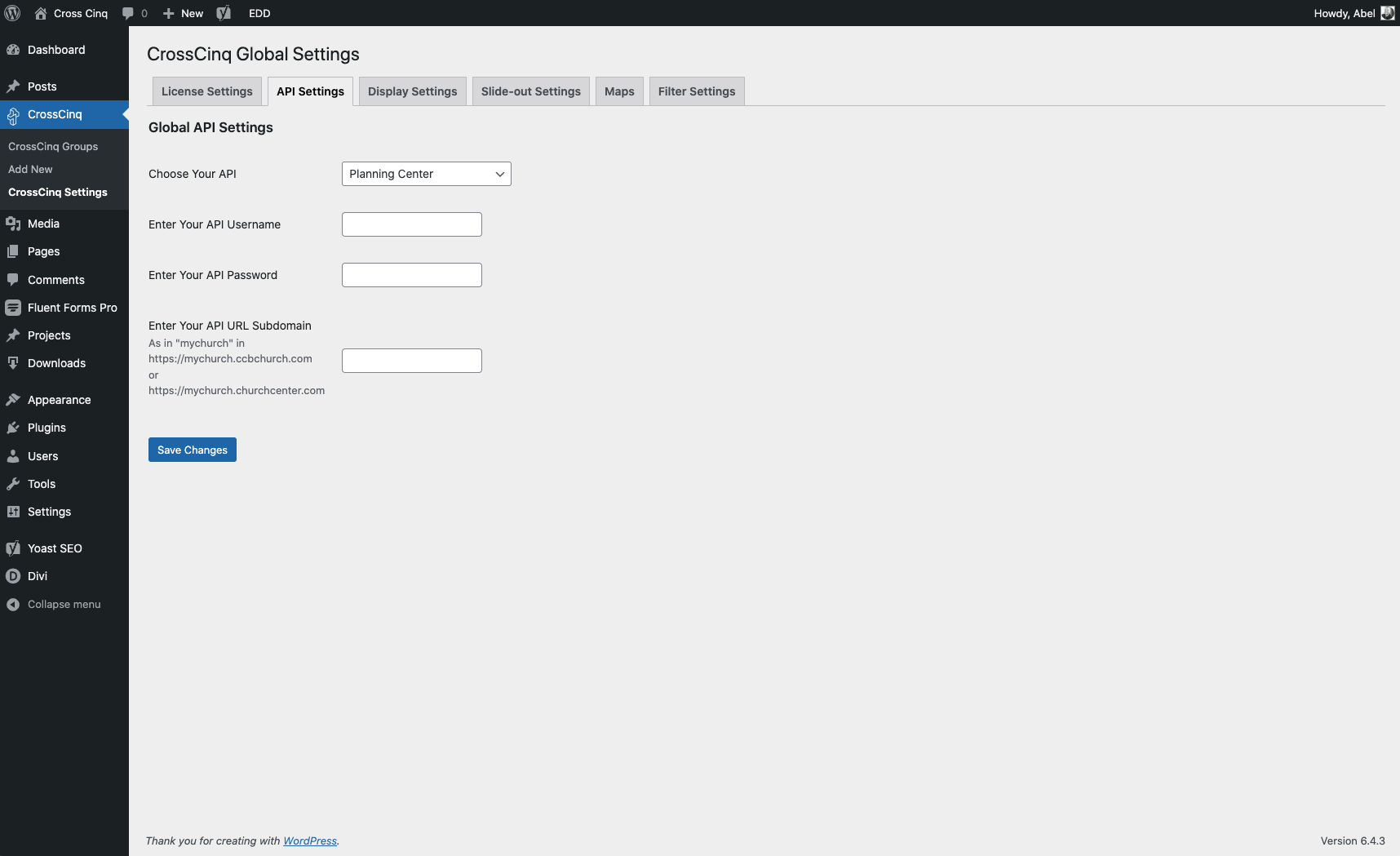Select "Planning Center" from the "Choose Your API" dropdown