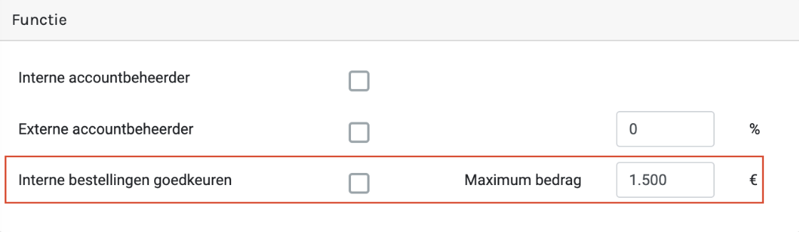 Op de pagina van de medewerker is er in de kaart ‘Functie’ een item ‘Interne bestellingen goedkeuren’ toegevoegd: