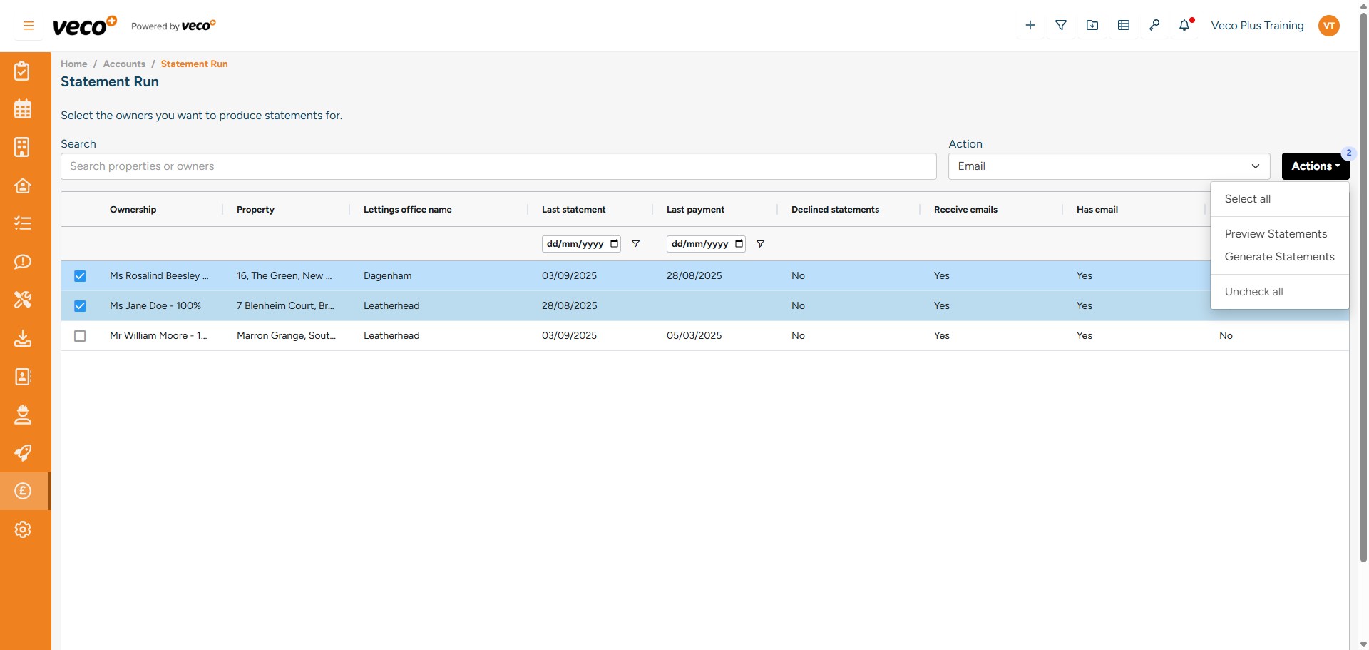 Select 'Generate Statements'. There are other options to Preview Statements and Uncheck all