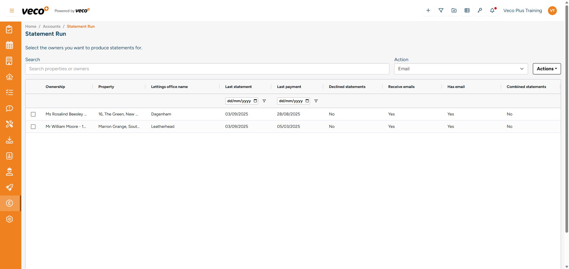There is also the ability to search for a Property or Owner you wish to send a Statement to via the search bar, which is useful when you have several pages of Statements