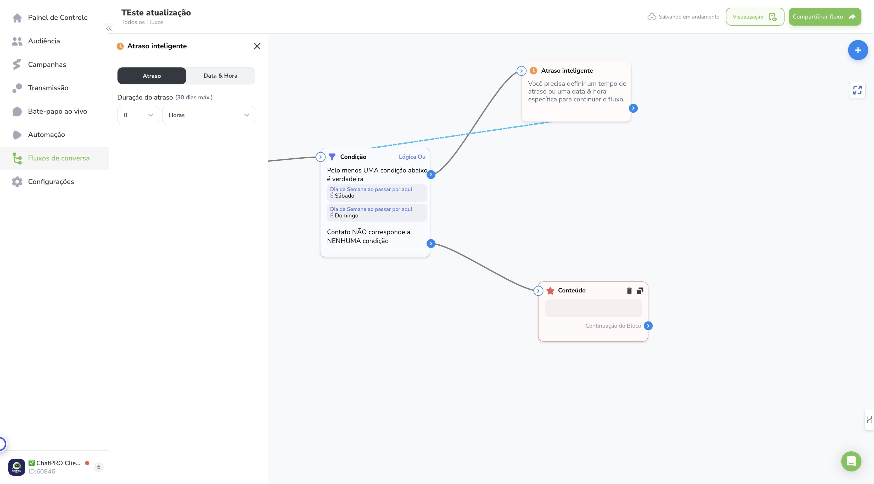 Conecte o Bloco de Atraso Inteligente no Bloco de Condição.
Dessa forma o lead irá ficar em looping até nao ser mais sábado nem domingo.
Irá aguardar o tempo definido na espera do atraso inteligente e continuará o fluxo normalmente.