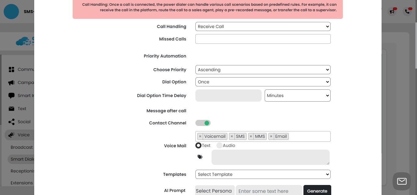 **Priority Automation** in the Power Dialer enables you to specify the order for prioritizing and distributing calls within your contact list. Options include ascending, descending, random, and alphabetized order.