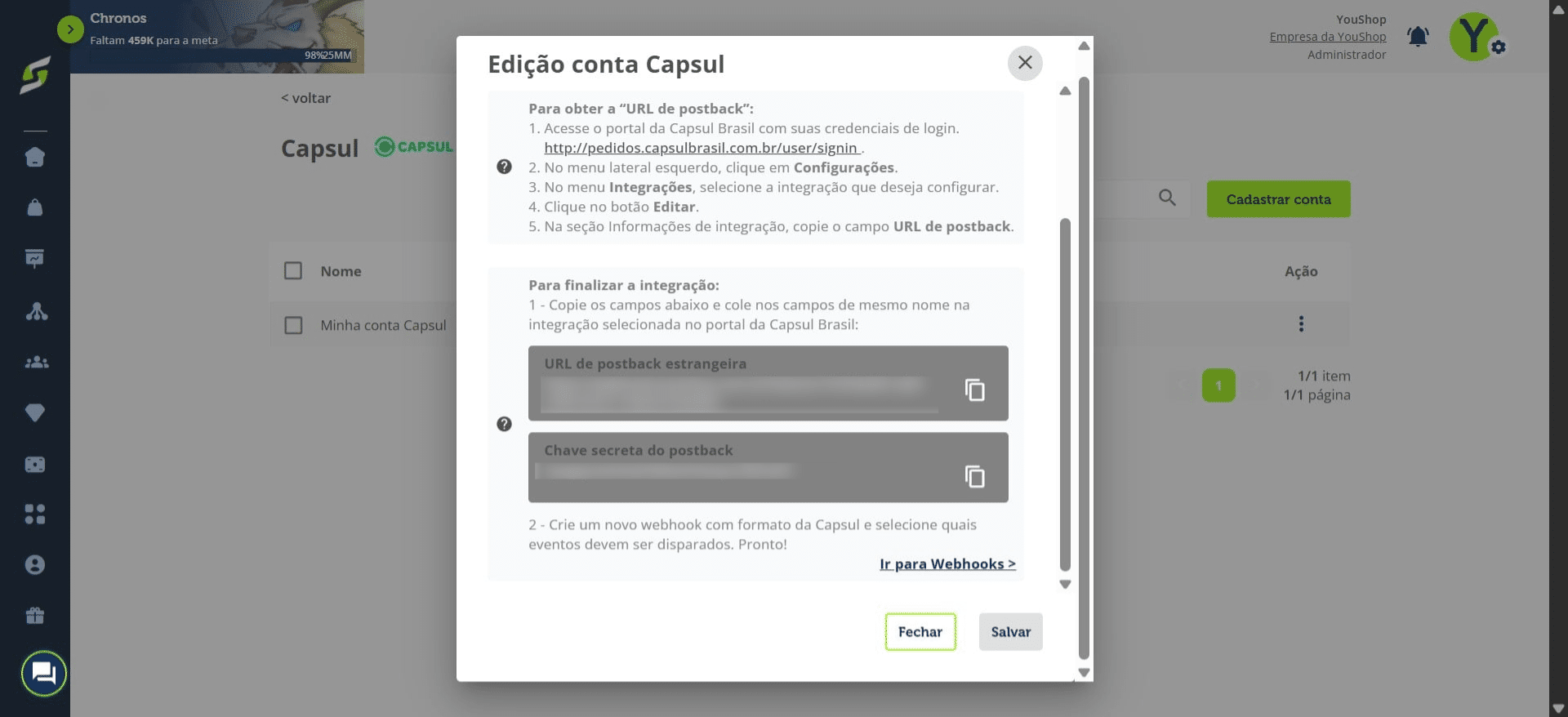 Após salvar, copie os dados exibidos na plataforma e cole nos campos correspondentes no portal da Capsul Brasil.