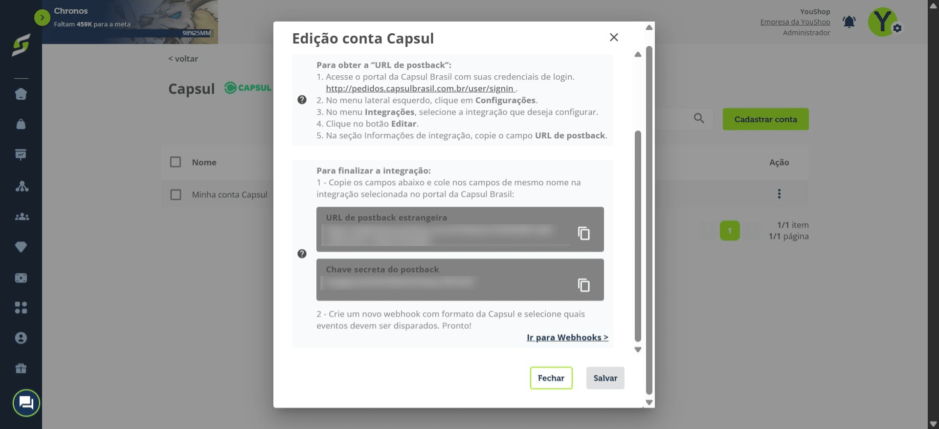 Clique em "Ir para webhook".