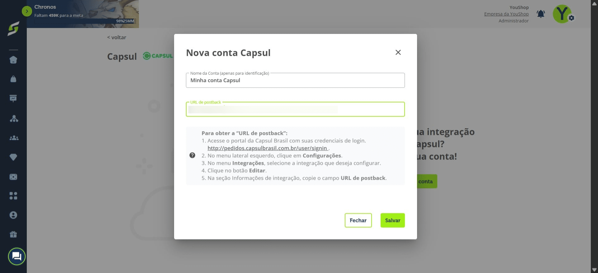 Insira a URL de postback. Caso não saiba como obter, siga o passo a passo indicado.