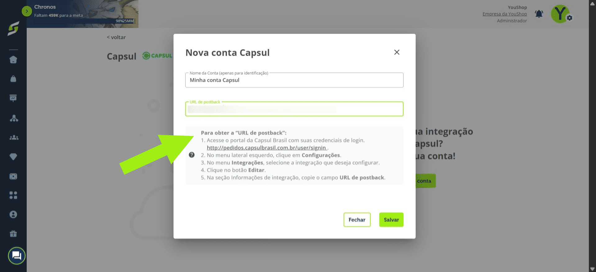 Insira a URL de postback. Caso não saiba como obter, siga o passo a passo indicado.