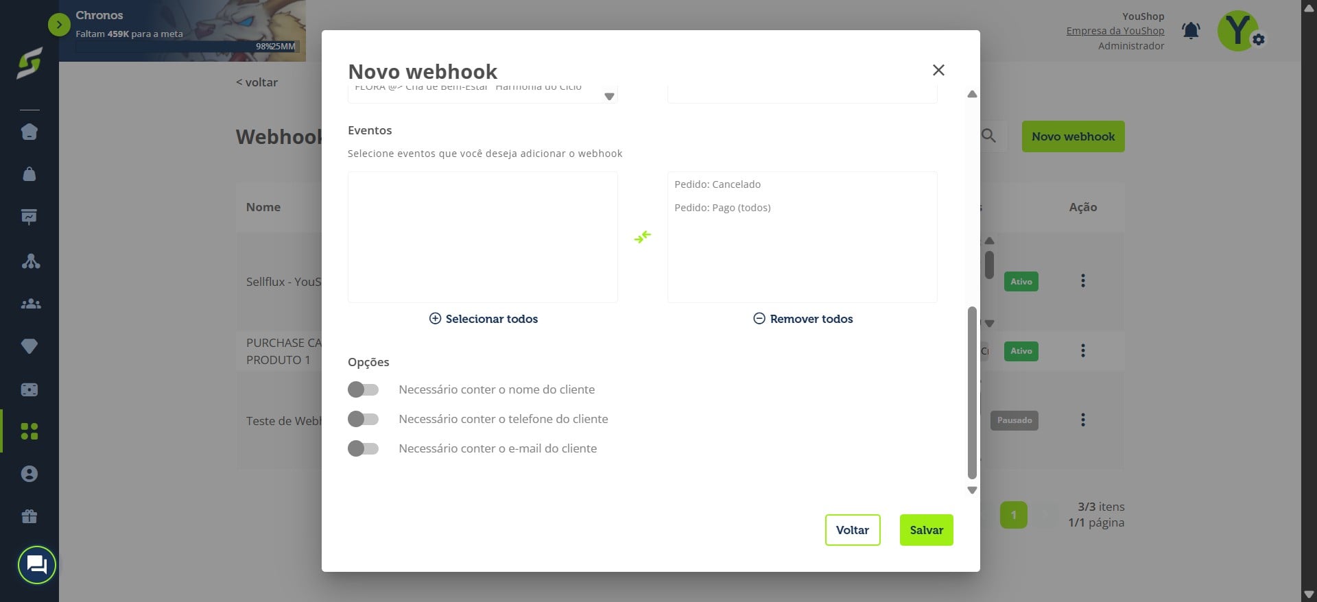 Configure as opções adicionais conforme sua necessidade.