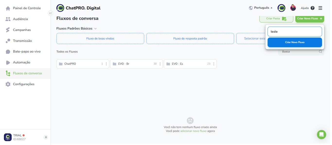 Click on "Criar Novo Fluxo"