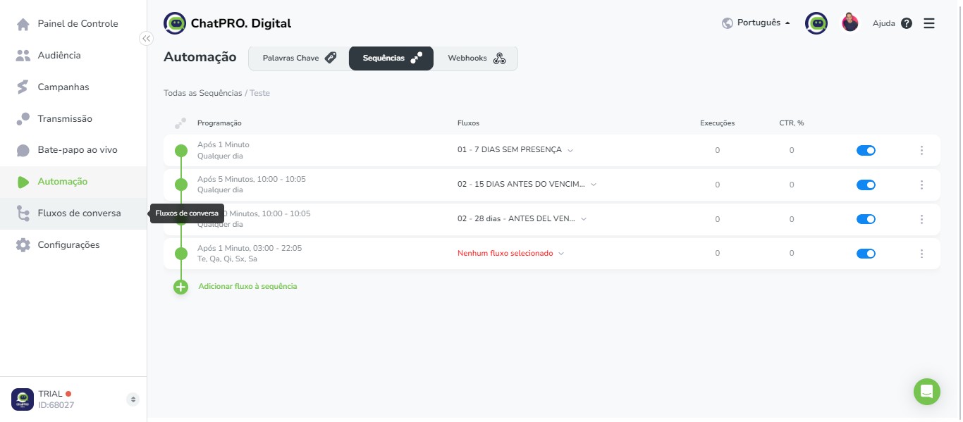 Click on "Fluxos de conversa"