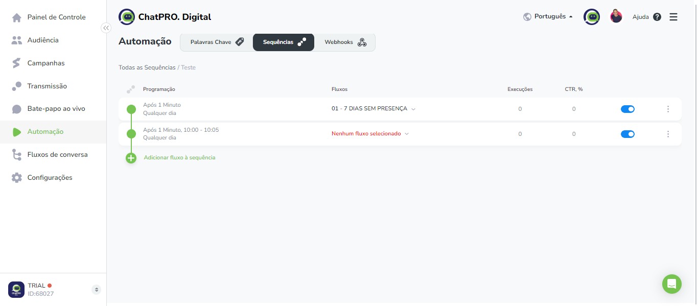 Click on "Nenhum fluxo selecionado"