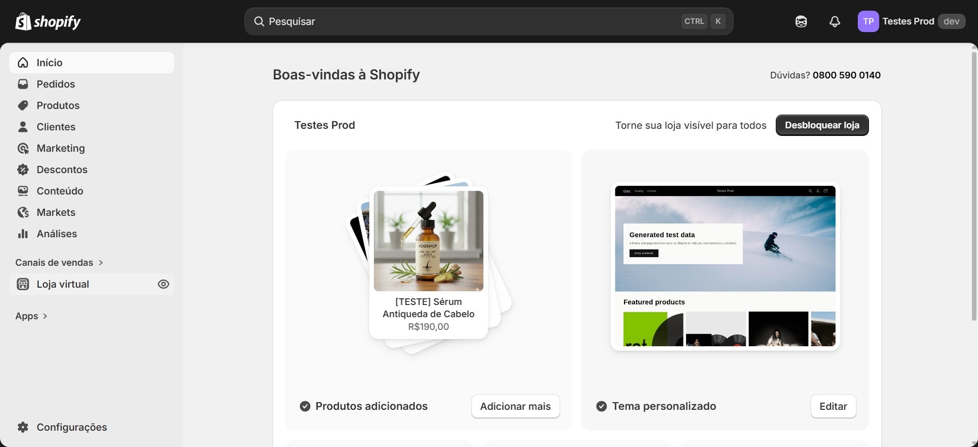 Vá até a sua loja na Shopify e clique em “Loja virtual”.