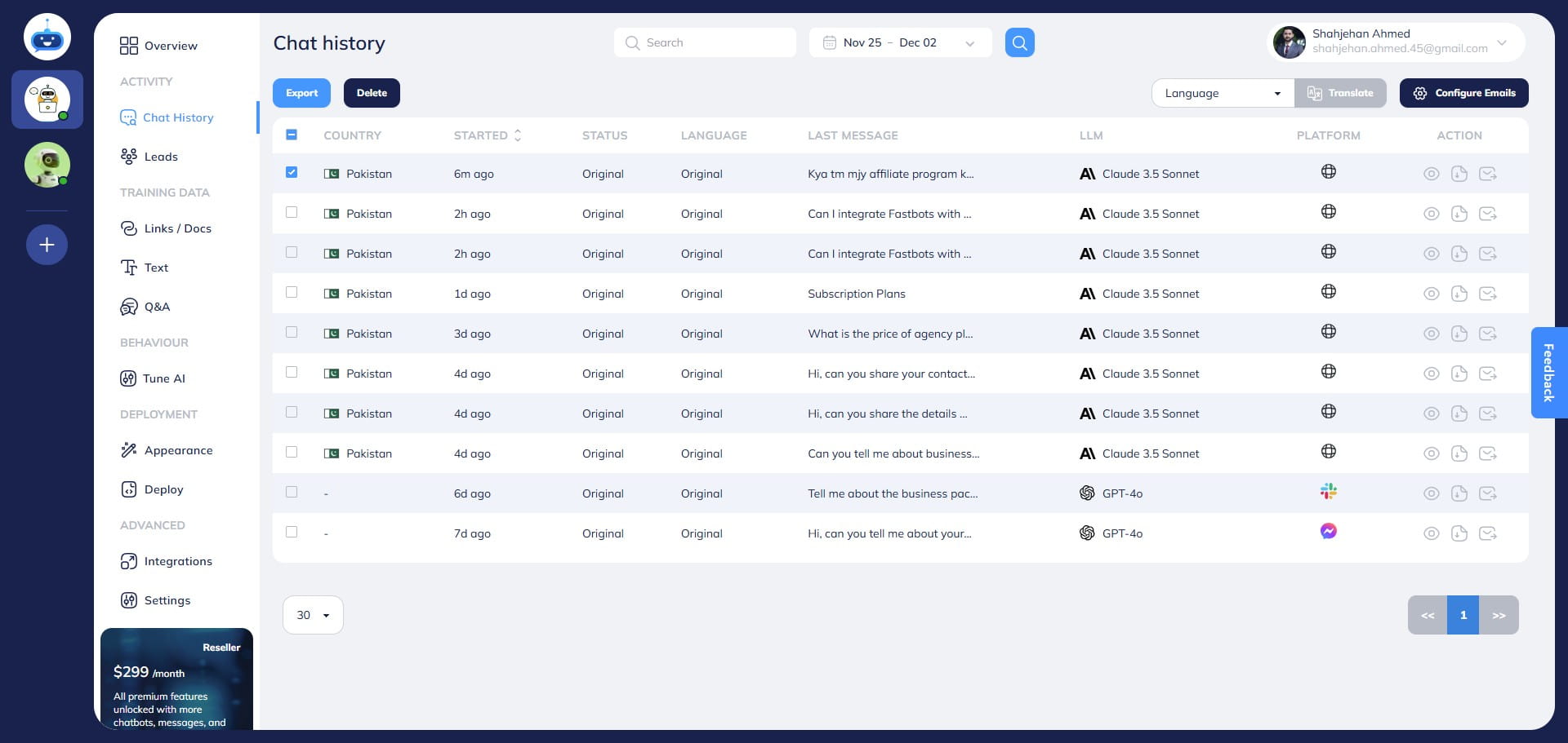 Select the chats that you want to translate to another language.