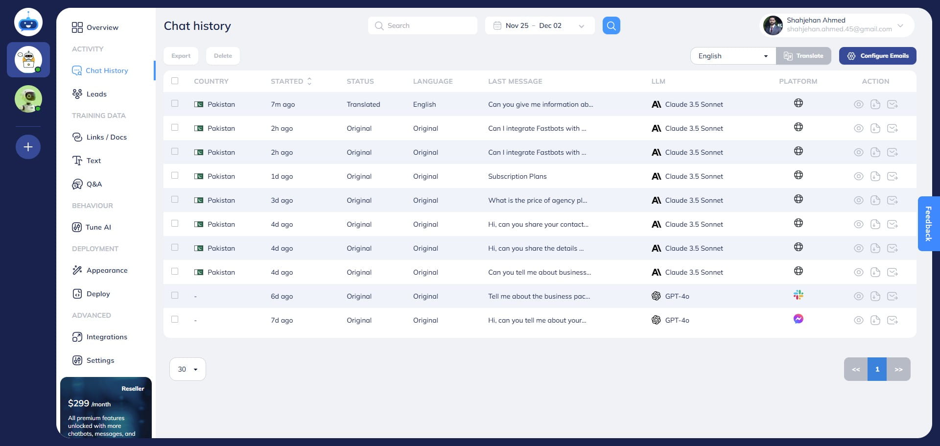You can also have the chatbot automatically translate every conversation in your desired language and email it to you. To do this, select your desired language and click on the "Configure Emails" button.