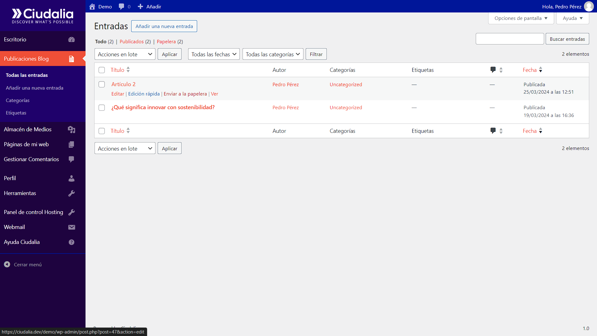 Mantén el cursor sobre el artículo que deseas borrar y pulsa el botón de "**Enviar a la papelera**"