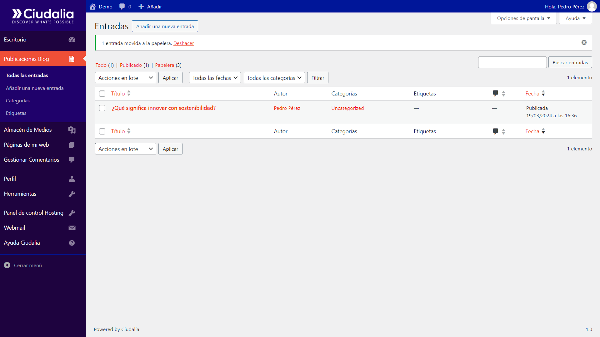 Notificará que 1 elemento se ha movido a la papelera, si deseas recuperarlo, haz click en "**Deshacer**"