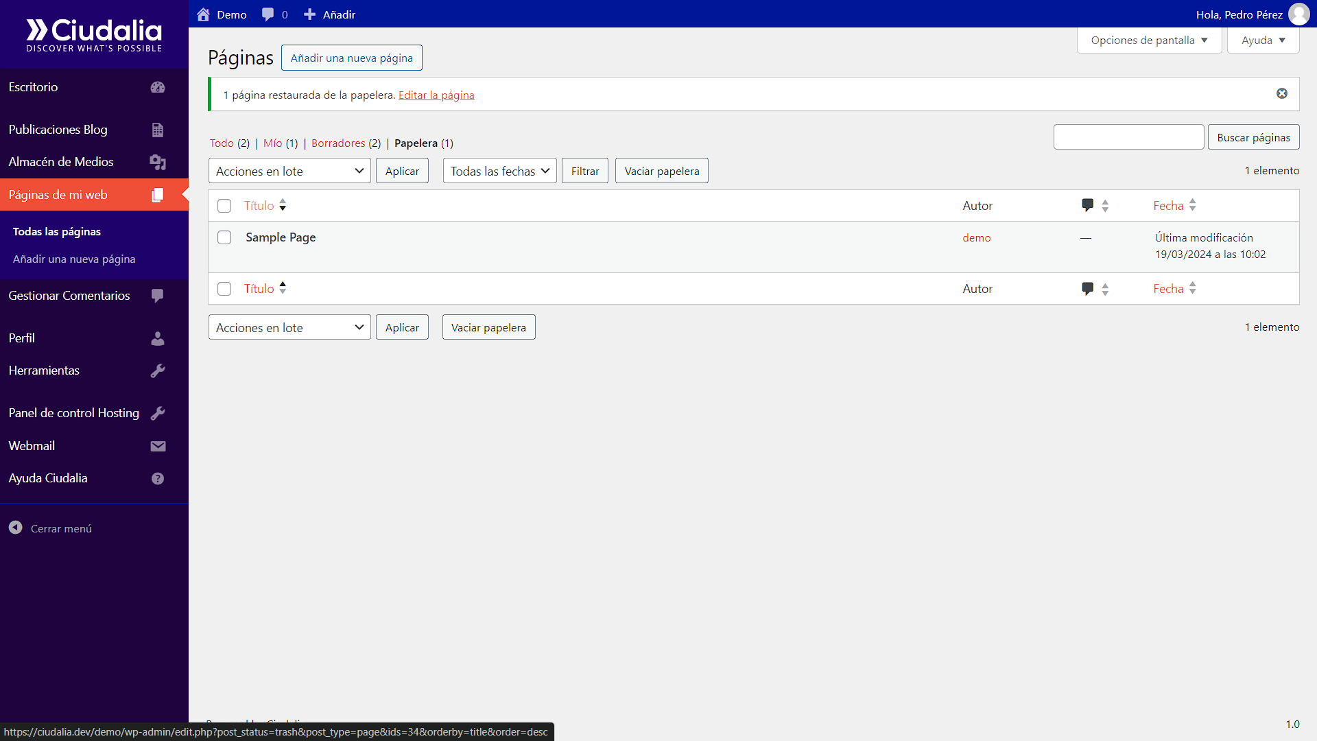 Notificará que 1 elemento se ha restaurado de la papelera