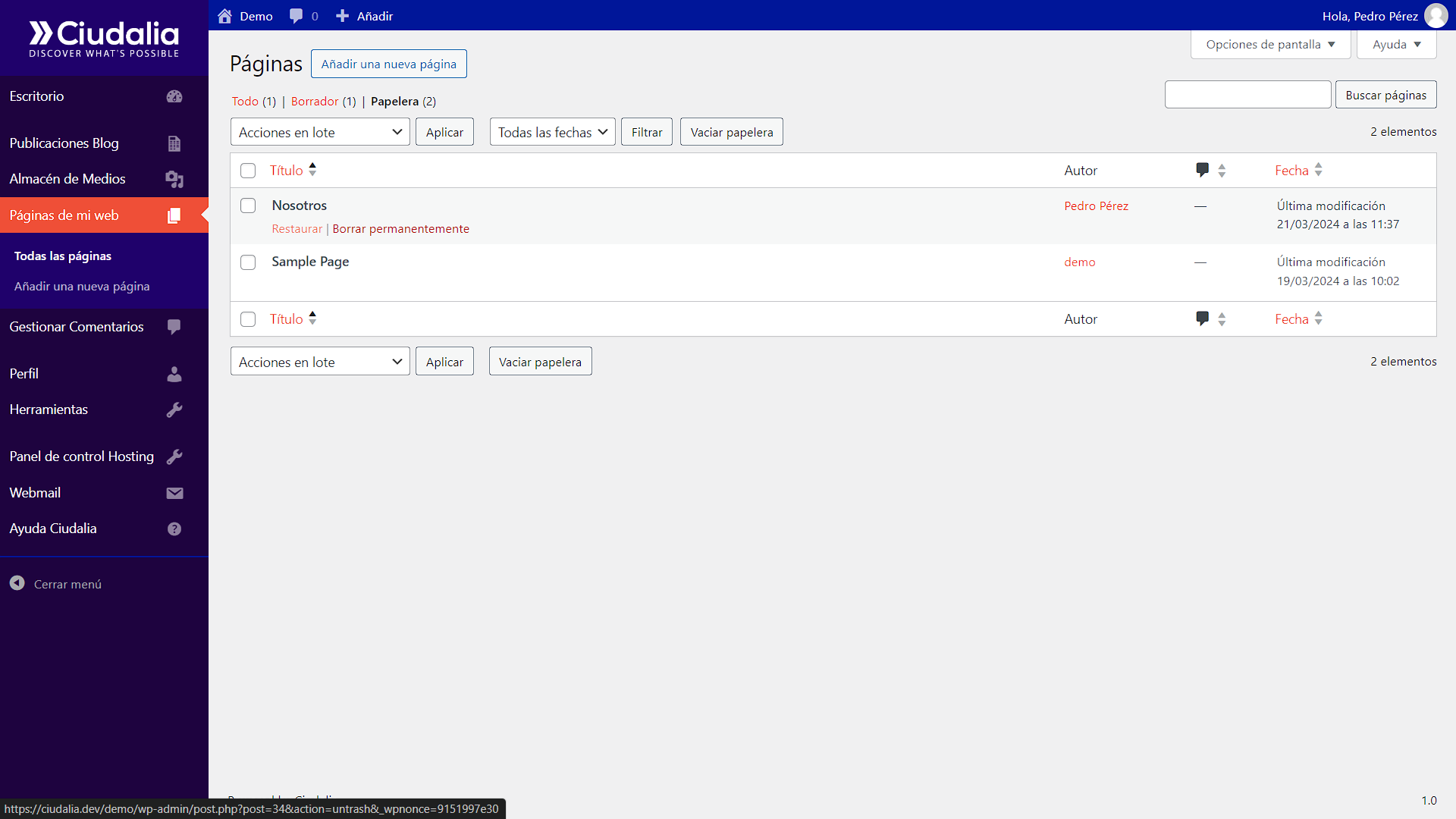 Verás todas las páginas eliminadas para ser recuperadas