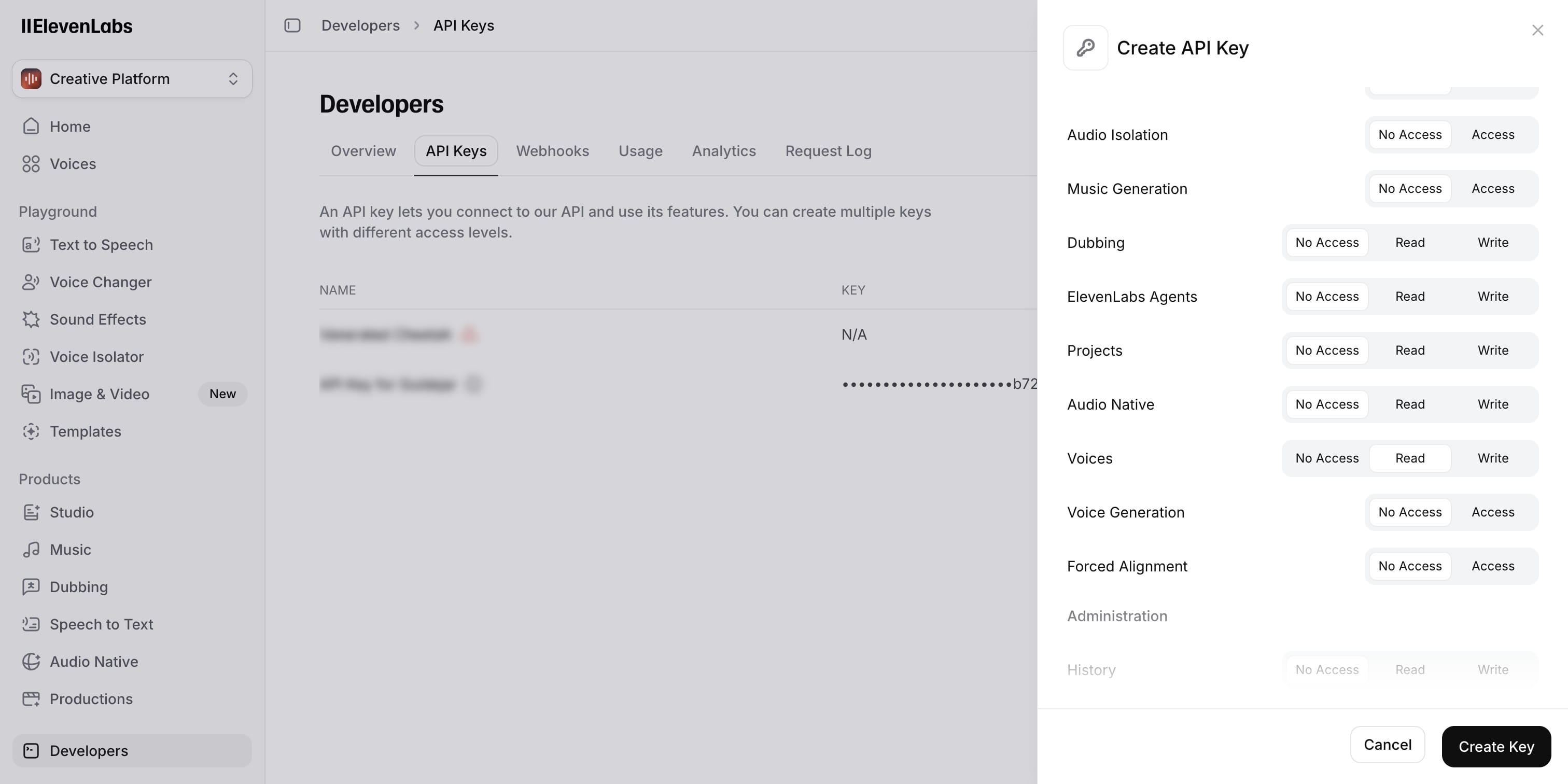 Click on "Create Key"