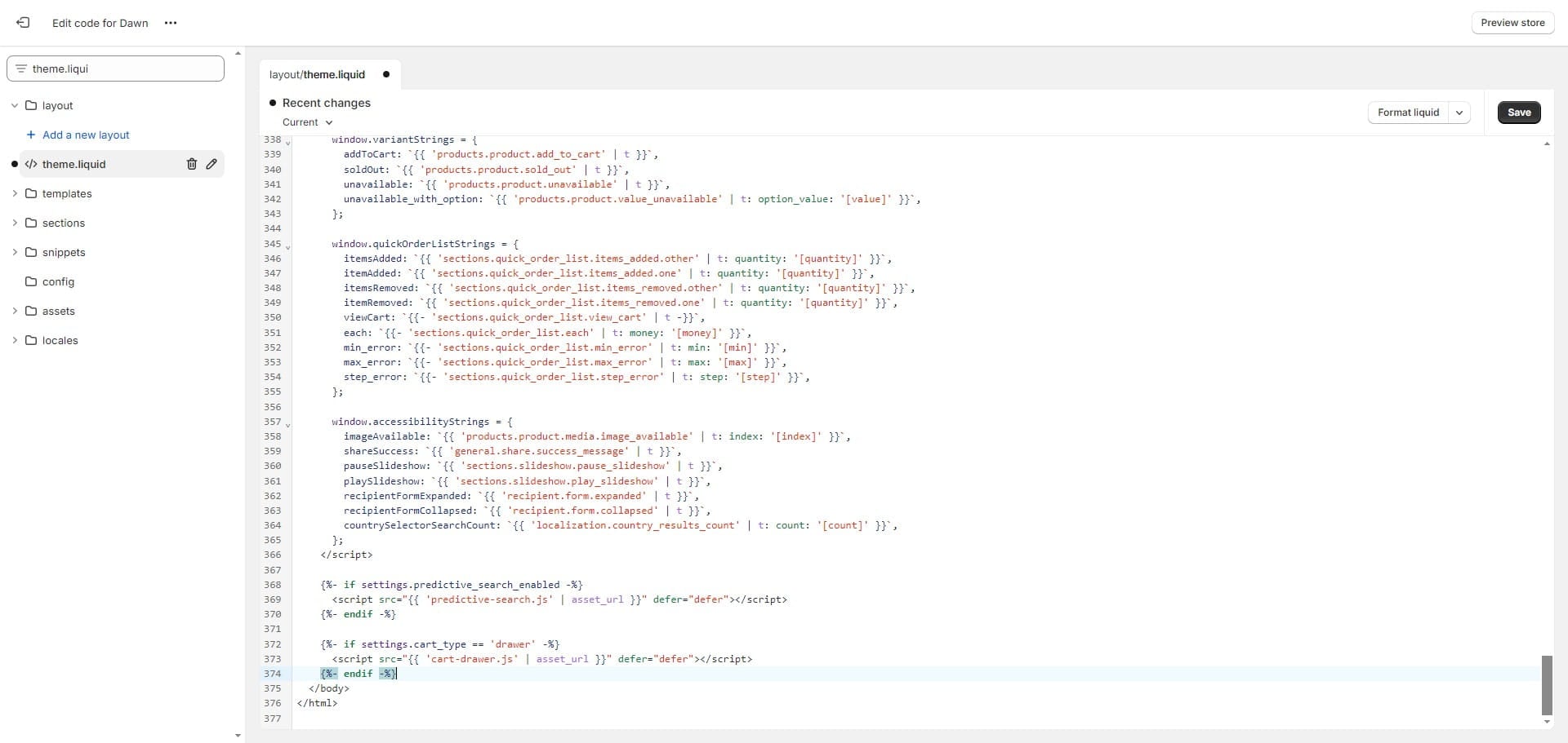 Scroll to the bottom of the editor panel until you see </body> and above it you need to paste the chatbot embed script code.