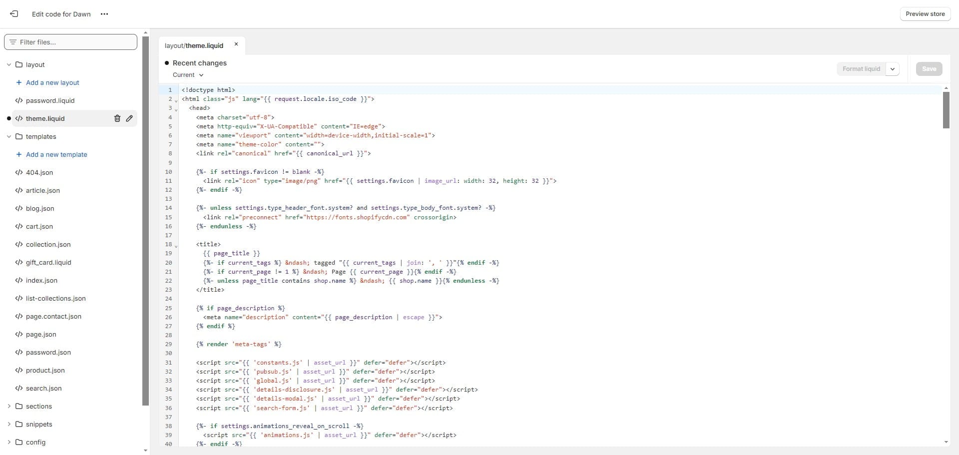 In the search bar, type "theme.liquid"