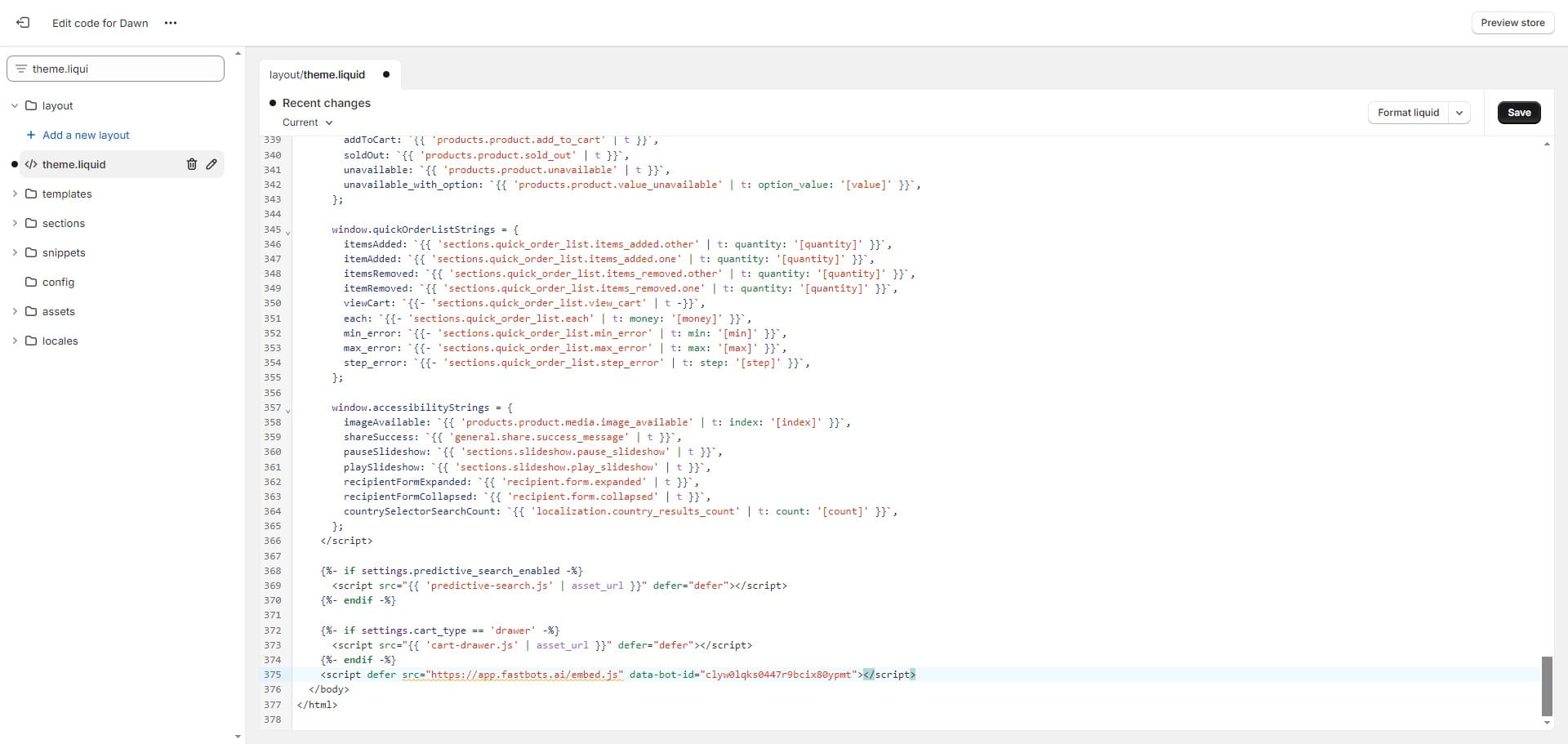 Add the embed script code above </body> in the editor panel.