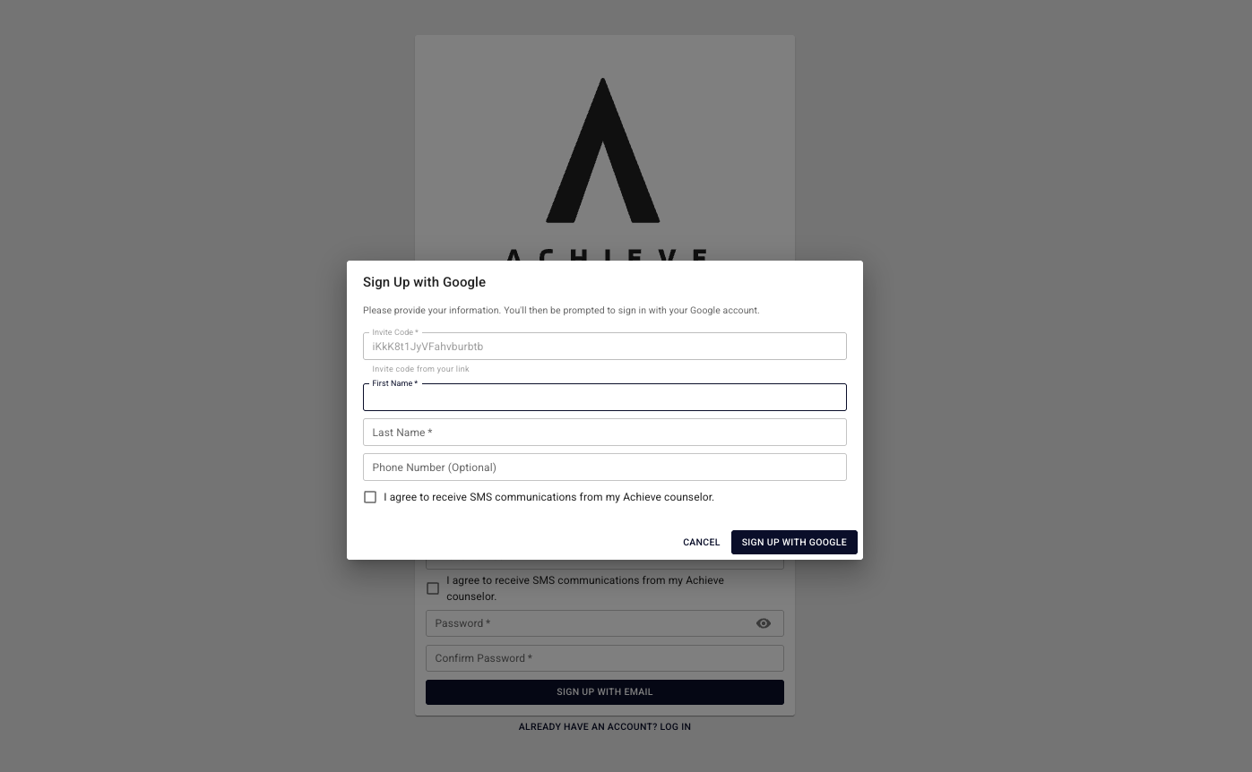 This is the **Sign Up with Google** pop-up that will will appear. Once the student fills in their information, they'll click **Sign Up with Google.**