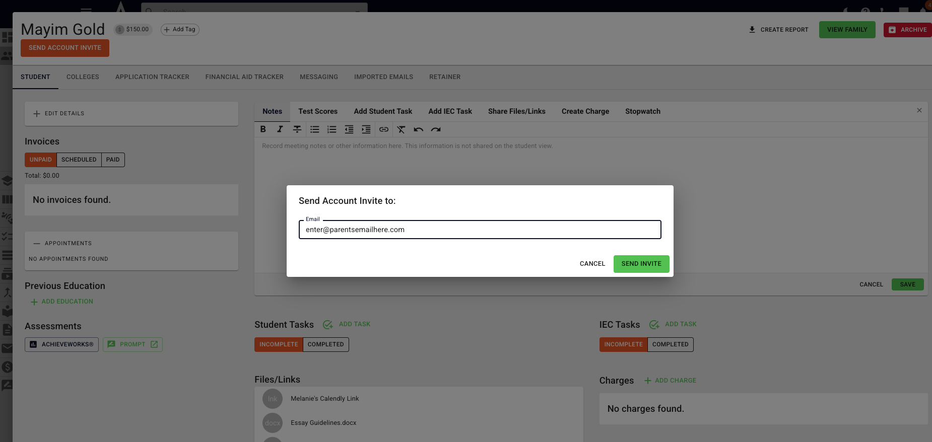 If needed, you can send the invite to a different email address (i.e. a parent) by pressing the **Send Account Invite** button again and entering the new email into the pop-up. 