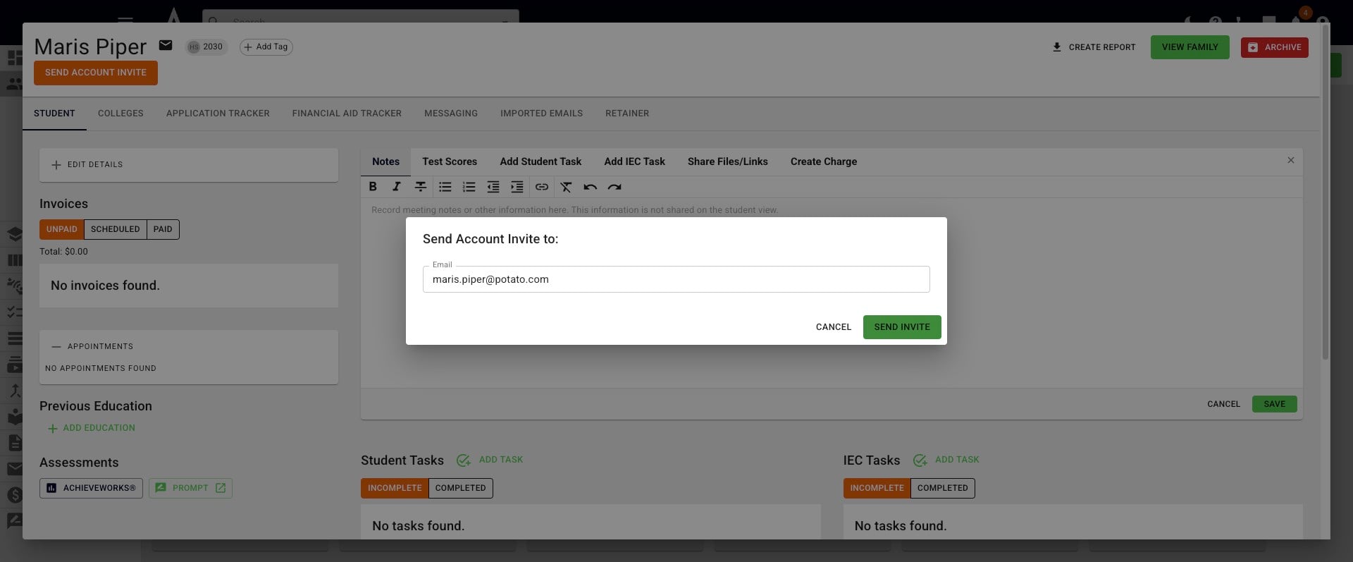 Confirm that the email address that populated is correct and click **Send Invite.**